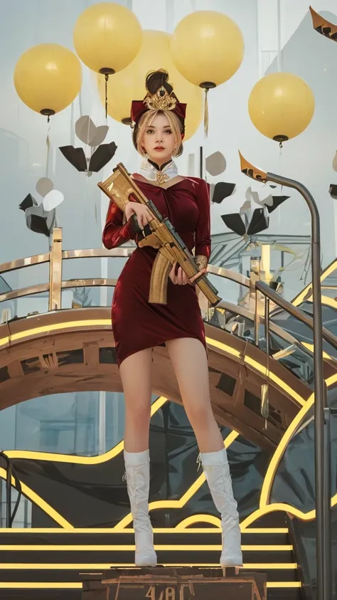 a close up of a woman in a costume holding a gun,