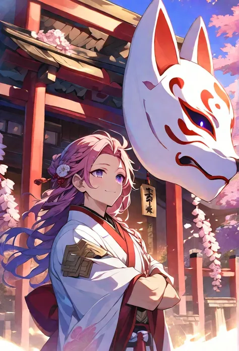 alone, 1 male, long-haired pink color, Tied at the shoulder、Braided hair ornament、Purple Eyes, White kimono, Fox Mask, Smile Facial, Red Higanbana, Higanbana, Red tassel hair accessory、Evening shrine