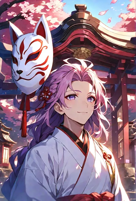 alone, 1 male, long-haired pink color, Tied at the shoulder、Braided hair ornament、Purple Eyes, White kimono, Fox Mask, Smile Facial, Red Higanbana, Higanbana, Red tassel hair accessory、Evening shrine