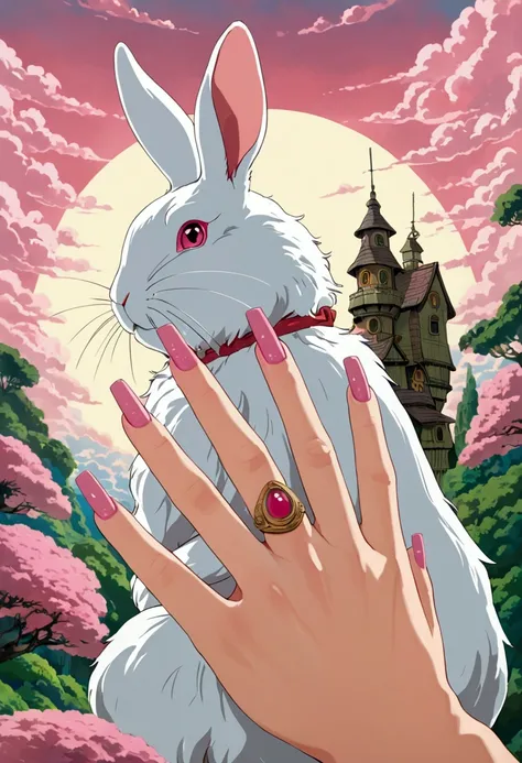 A 3cm white rabbit sits on a womans finger and looks around. (Womans nails are pink: 1.5) High resolution image with great detail. (((Ghibli style))), Spirited Away, Howls Moving Castle, Dreamy color palette,