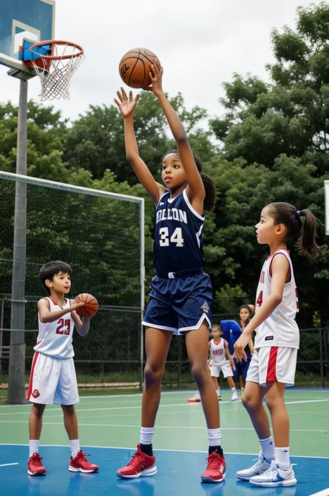 Children playing basketball match