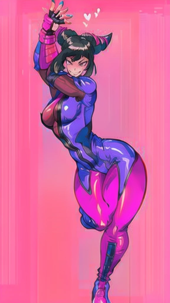 Full body image of Juri Han from Street Fighter 6, wearing her original outfit (purple and black bodysuit with pink accents, high boots, and fingerless gloves), short black hair styled in twin buns, female body, athletic and flexible body, dynamic pose, de...