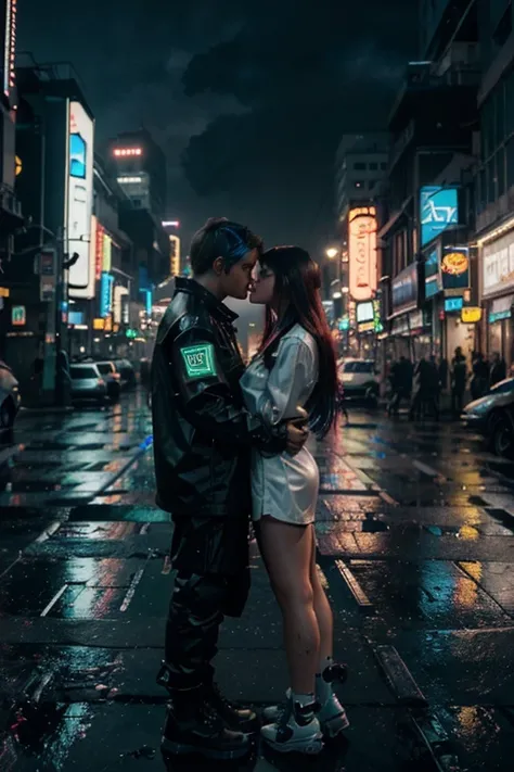 (a cyberpunk, night, couple,kissing, bar, red-haired girl with green eyes, black and white-haired guy with blue eyes, anime), (best quality, 4k, highres, ultra-detailed, realistic:1.37), neon lights, futuristic cityscape, holographic displays, vibrant colo...