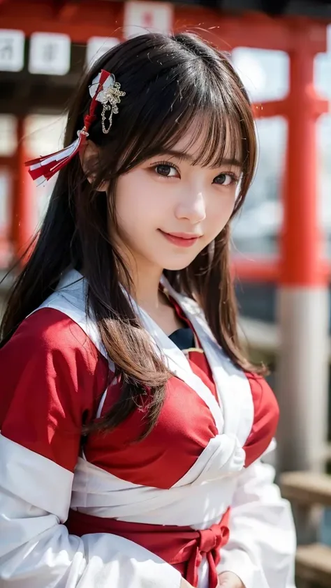 (highest quality,8K quality,masterpiece:1.3),(ultra high resolution,photorealistic:1.4,Live shooting),(Super detailed,caustics),(ultra-realistic capture,Beautifully detailed skin),(twilight),(shrine),(torii)､(white and red shrine maiden costume),18-year-ol...