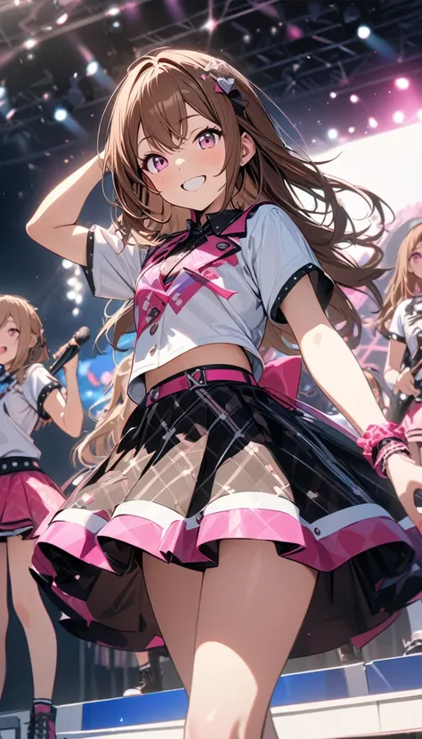 Young girl, long brown hair, pink eyes, smile, shirt, short sleeves, skirt, pop idol, Masterpiece, best quality, Full HD, 8k, ultra details, great graphic