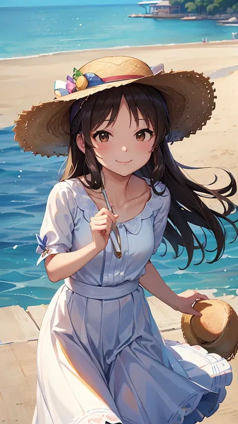 masterpiece, Highest quality, High resolution, Very detailed,(((Alice Tachibana))), (((Private Server)))、(((Straw hat。)))、(((smile)))、(((Waterfront)))、White dress, evening