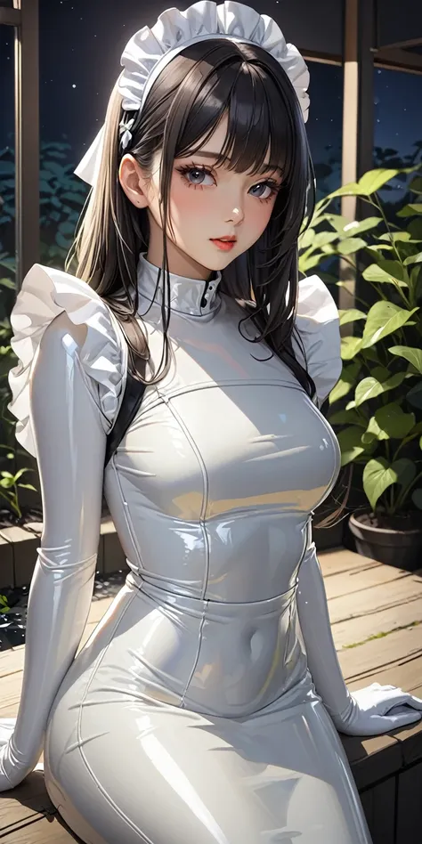 Portraiture、(masterpiece,Highest quality,Ultra-high resolution),Japanese women, (((Very beautiful 25 year old girl))),(White latex maid outfit)、(White latex long skirt)、(A long-sleeved white latex shirt covering the upper body)、White latex long gloves、Whit...