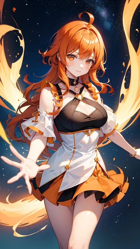 Magical girl　Orange wavy hair　Orange and black costume　Short mini skirt　Medium sized breasts　Adult sister　A relaxed expression　universe space