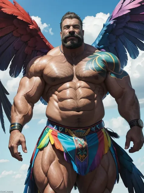 Hyper-realistic image of a macaw superhero with two huge rainbow wings, very old and very sweaty gray-haired bodybuilder, more than 80 years, very muscular and fat, over 200 kilos, with bare torso, large and flaccid pectorals, brown nipples and big gray mu...