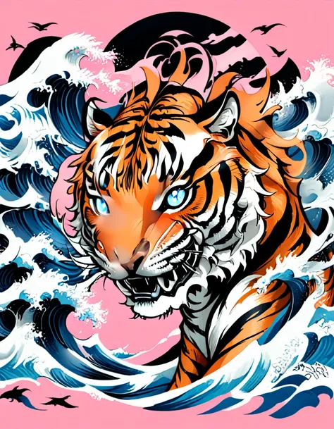 traditional japanese tattoo design, realistic tattoo art of orange tiger with (((blue eyes))) with pink sakura petal effect ,he ...