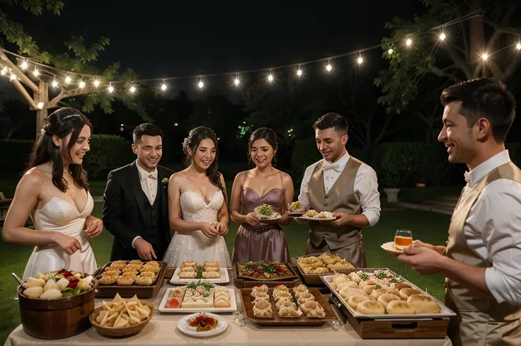 A super realistic image of a wedding buffet table featuring Asian-Napoletan fusion food. On the table, there are bao buns with meatballs in ragù and ravioli alla genovese. Include people with happy expressions and European appearances, including the bride ...