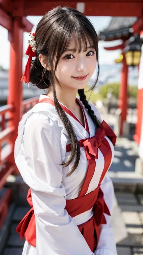 (highest quality,8K quality,masterpiece:1.3),(ultra high resolution,photorealistic:1.4,Live shooting),(Super detailed,caustics),(ultra-realistic capture,Beautifully detailed skin),(twilight),(shrine),(torii)､(white and red shrine maiden costume),18-year-ol...