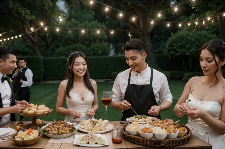 A super realistic image of a wedding buffet table featuring Asian-Napoletan fusion food. On the table, there are bao buns with meatballs in ragù and ravioli alla genovese. Include people with happy expressions and European appearances, including the bride ...