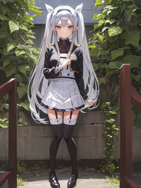 silver hair, twintails, very long hair, アニメ, best quality, masterpiece、black mini skirt、black high neck half zipper、black tights...