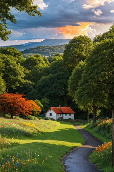 Create a landscape of a serene countryside scene during a gentle summer rain. A cozy cottage with a red roof is nestled near a large, lush green tree. The sky is filled with dramatic, billowing clouds in vibrant shades of orange and yellow, illuminated by ...