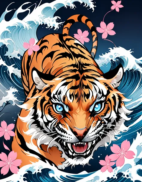 traditional japanese tattoo design, realistic tattoo art of orange tiger with (((blue eyes))) with pink sakura petal effect ,he ...