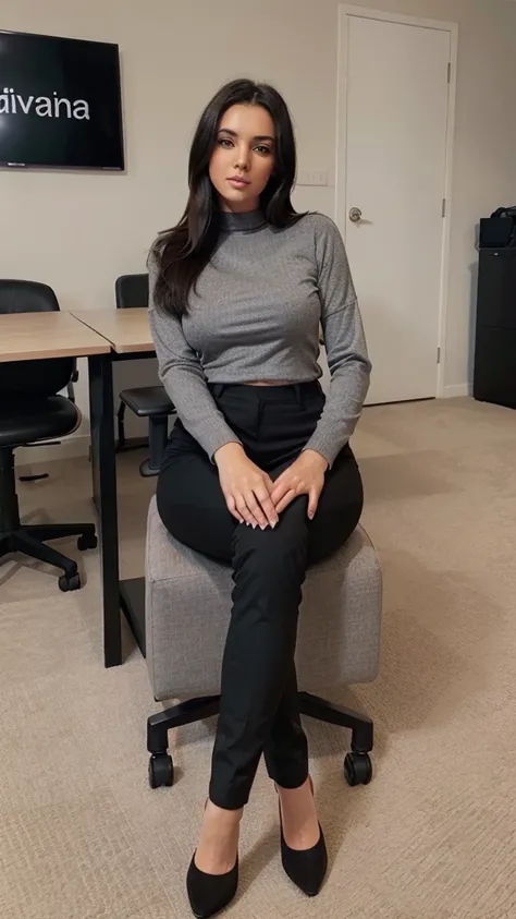 Brunette using a grey tight caffarena. straight black hair. black office pants. black stilettos. sitting, leg crossed. Instagram style photo, detailed face, UHD, front view