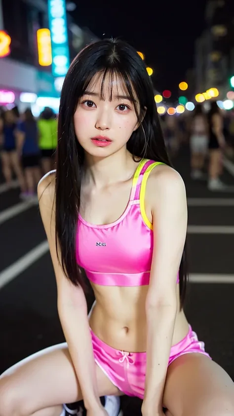 (on crowd night street, 1 girl, small breasts, neon pink satin sports bra and shorts, sneakers, medium long hair, straight hair,...