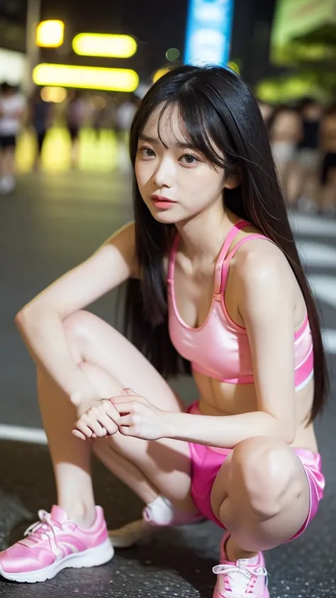 (on crowd night street, 1 girl, small breasts, neon pink satin sports bra and shorts, sneakers, medium long hair, straight hair,...