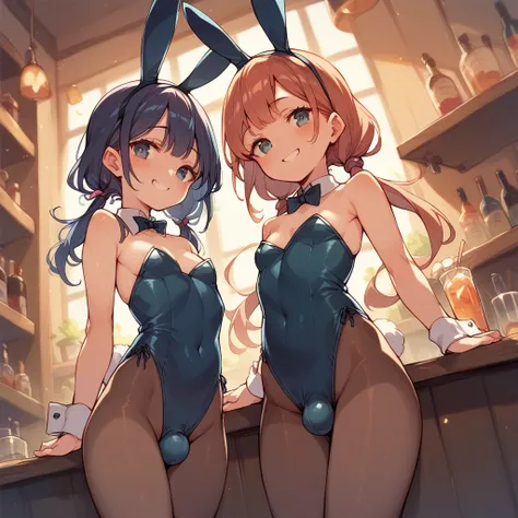 Browsing Caution,smile,(Adult Futanari Daughter)Small breasts,Bunny costume,Low Twintails,Welcome,counter