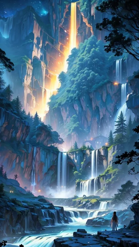 Painting of waterfall and people in boat on river, Golden Falls, Galaxy Falls, Nebula Falls, floating waterfalls, Huge waterfall, Waterfall in the Asteroid Belt, alien waterfall, Flowing light flow, Endless waterfall, Stunning waterfalls, Beautiful fantasy...