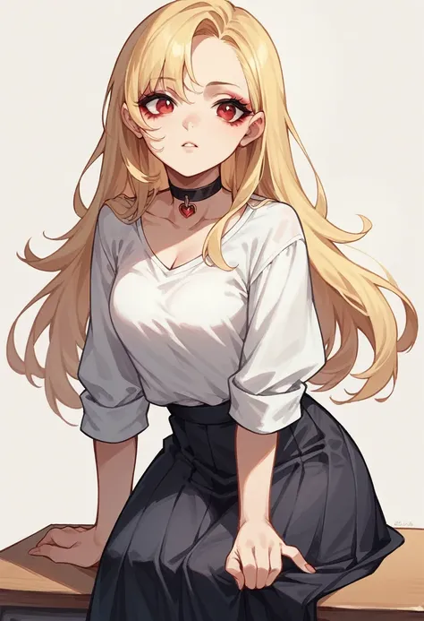 1girl, solo, makeup, long blonde hair, red eyes, black skirt, cute, white shirt, choker, classroom background 