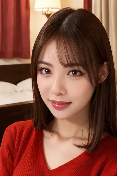 (Highest quality、Tabletop、8k、Best image quality、Award-winning works)、1 cute girl、(Perfect V-neck long knit red sweater:1.3)、Red eyeshadow、Perfect Makeup、Long eyelashes、Ultra HD Shining Eyes、Ultra HD Hair、Glossy lipstick、Ultra-high resolution glossy lips、Su...