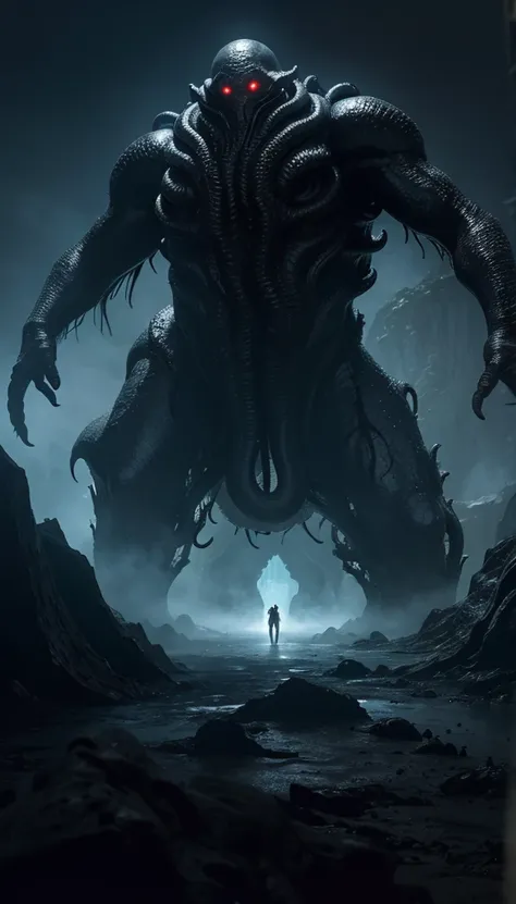 07/08 15:25:51 Chinese style，antiquity，A black abyss monster emitting uncertain white light is walking。 Emitting black mist，Giant monster，Horrible God，Dark creatures，Cthulhu God，Lovecraftian gods。A huge cave in the background，Lovecraft atmosphere，Lovecraft...