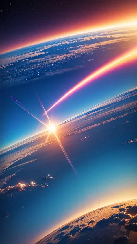 futuristic, 4K, sun in the background, evolution, neon, vivid blue, nostalgia, look from space , paisagem