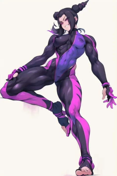 Full body image of Juri Han from Street Fighter 5, wearing her original outfit (black and purple bodysuit with spiked accents, barefoot with taped feet, and arm guards), short black hair styled in twin buns, female body, athletic and flexible body, dynamic...