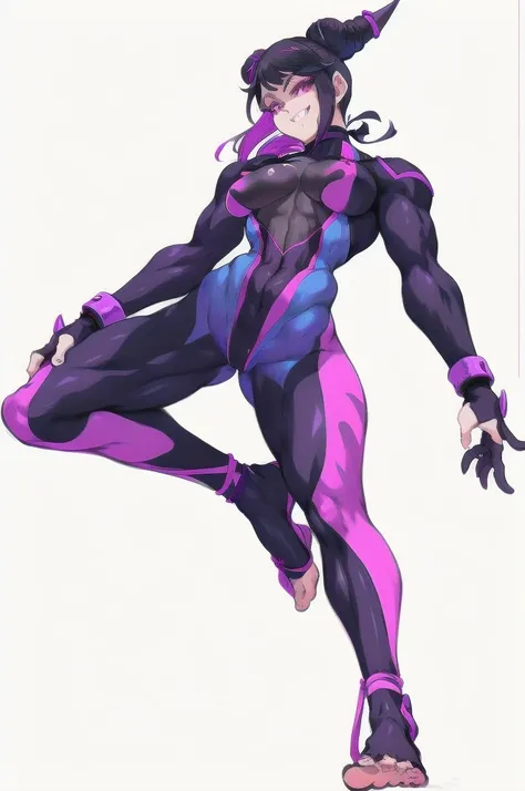 Full body image of Juri Han from Street Fighter 5, wearing her original outfit (black and purple bodysuit with spiked accents, barefoot with taped feet, and arm guards), short black hair styled in twin buns, female body, athletic and flexible body, dynamic...