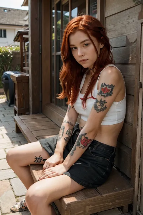 Illustration of a girl with red hair with a tattoo on her arm, who sits on the threshold of the house and listens to music.