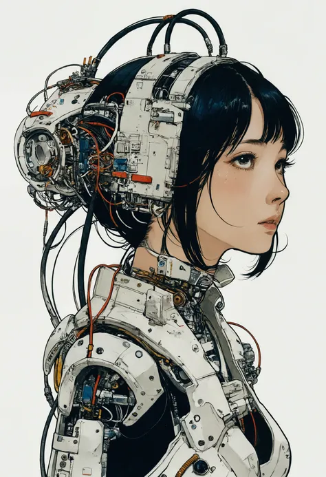 the style of kawanabe kyosai、female character design wearing a white cybernetic exoskeleton、black hair、shortcuts、concept design ...