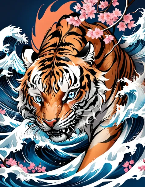 traditional japanese tattoo design, realistic tattoo art of orange tiger with (((blue eyes))) with pink sakura petal effect ,he ...