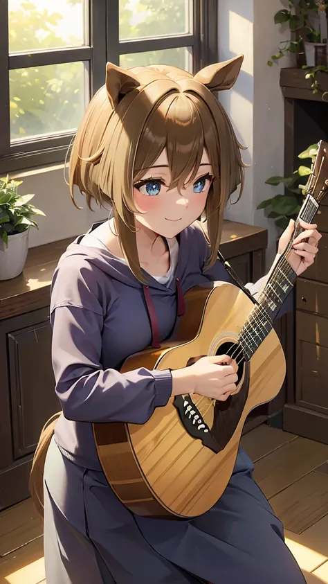 masterpiece, Highest quality, High resolution, Very detailed,(((Schwarzgran))), (((I have a guitar。)))、(((indoor)))、(((smile)))、(((window)))、sunny, Horse ears