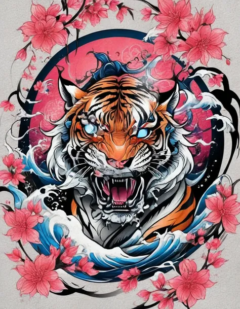 traditional japanese tattoo design, realistic tattoo art of orange tiger with (((blue eyes))) with pink sakura petal effect ,he ...