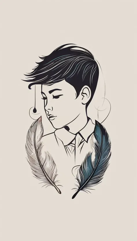 A minimalist, fantastic, poetic, dreamy, captivating, memorable, masterpiece, modern, simple logo design of a boy and a feather for the brand “Penamemoria". The logo must convey a sense of music, stories and dreams. Minimalistic logo design of a boy and a ...