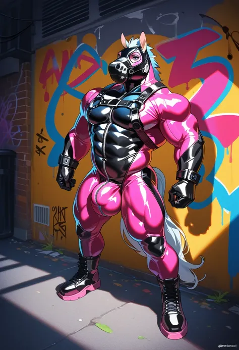 animation, Highest quality, Highest quality, High quality illustrations, masterpiece, Ultra-high resolution, Detailed Background, alley, night, wall graffiti art, Absurd, Perfect Anatomy, performance, Good lighting, Shadows in the movies(kemono, Furry Pers...