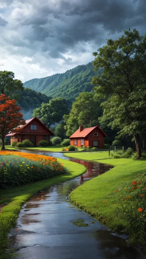 Create a peaceful rural landscape in the summer drizzle. A cozy cottage with a red roof sits on a large, lush green trees. The sky is full of drama, The rolling clouds are bright orange and, sunlight shining through, Contrasting with the dark blue rain clo...