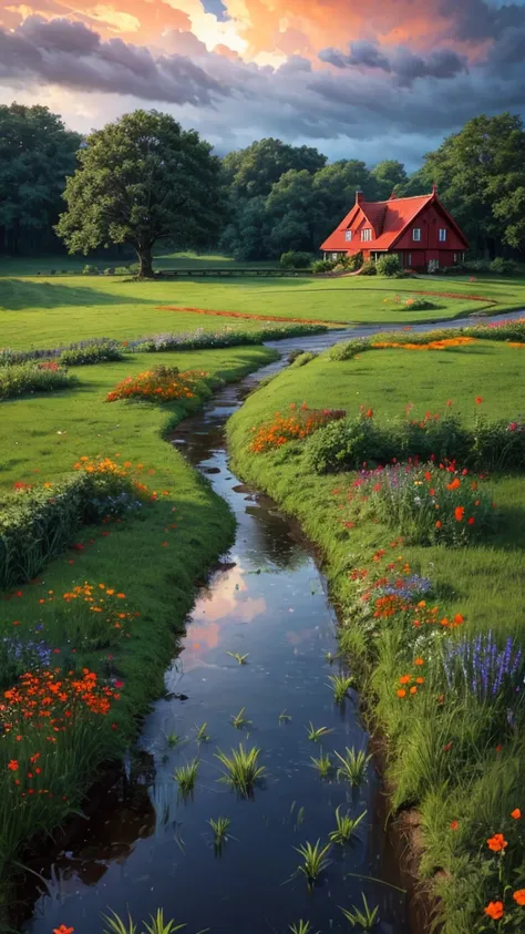 Create a peaceful rural landscape in the summer drizzle. A cozy cottage with a red roof sits on a large, lush green trees. The sky is full of drama, The rolling clouds are bright orange and, sunlight shining through, Contrasting with the dark blue rain clo...