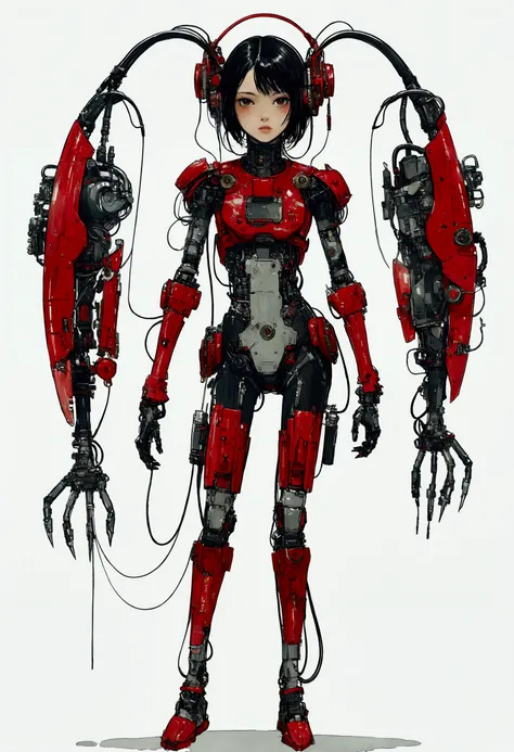 The Style of Kawanabe Kyosai、Female character design wearing a red cybernetic exoskeleton、Black Hair、Concept Design Sheet、White background