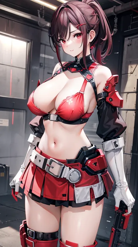 18 year old girl，baby face，dark red hair，Ponytail hairstyle，Zhangzui smile，Huge breasts，Cleavage，Transparent red sleeveless top，Leave space in the middle to reveal Cleavage，Soaked all over，blush，Red eyes，female spy，red miniskirt，White gloves，White hand sle...