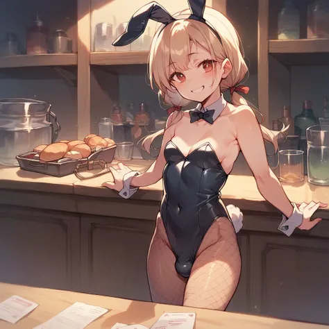 Browsing Caution,smile,(adult),(Futanari)Small breasts,Bunny costume,Low Twintails,reception,counter,Dark atmosphere