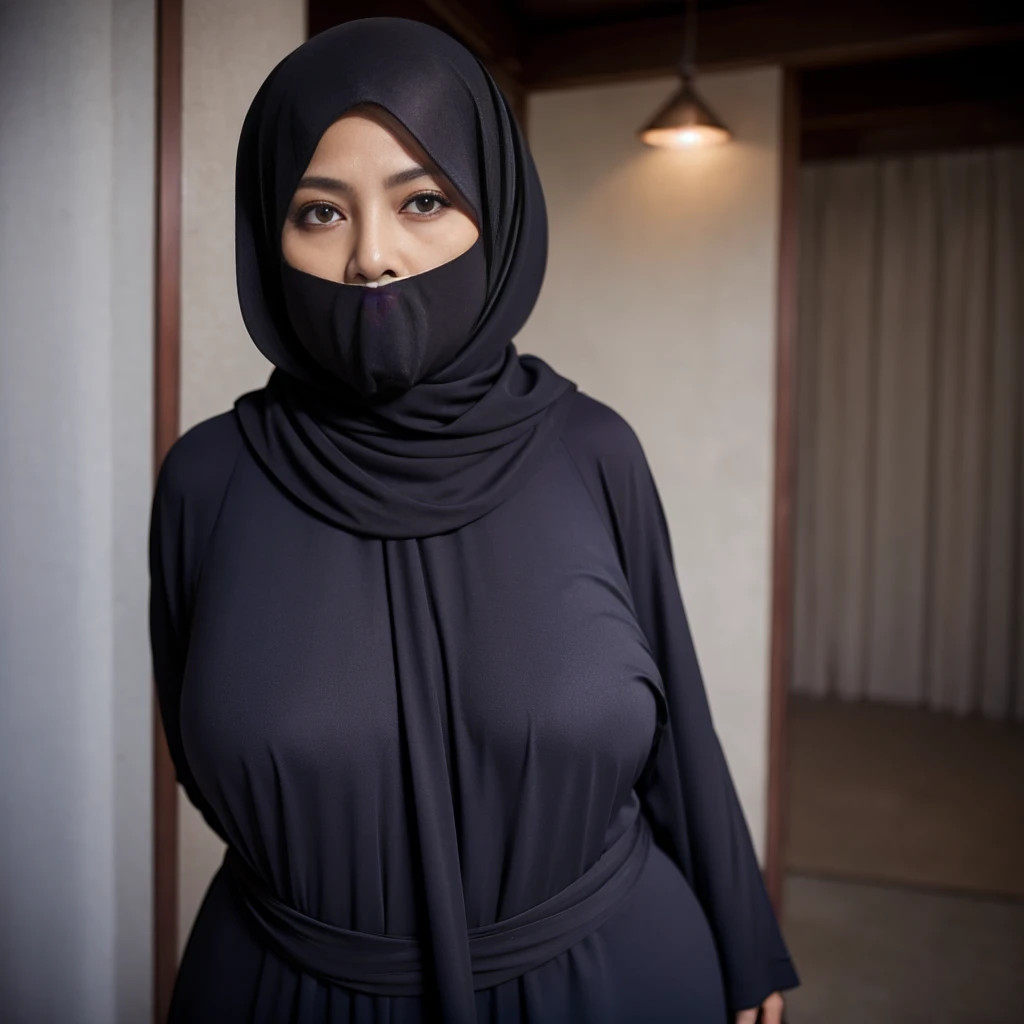 (((56 years Old, Hijab Indonesian mature woman))), ( Massive Large  : 1.2), Burqa, curvy body, Breast about To burst out from her clothes, at doctor office, Dark light, at Nighttime.