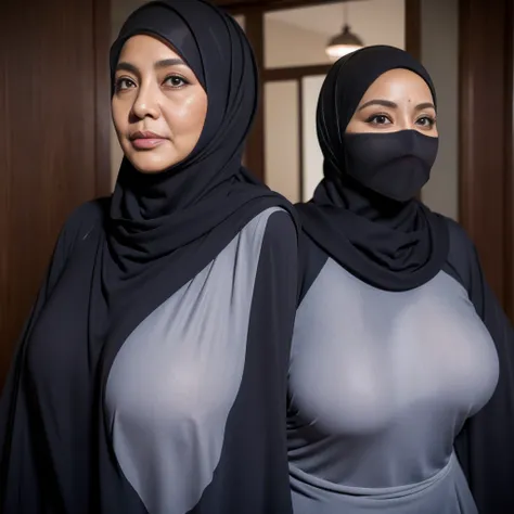 (((56 years Old, Hijab Indonesian mature woman))), ( Massive Large  : 1.2), Burqa, curvy body, Breast about To burst out from her clothes, at doctor office, Dark light, at Nighttime.