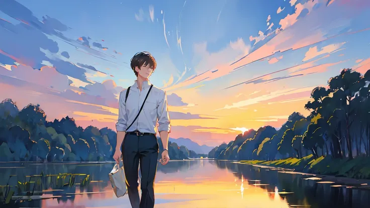 watercolor,male、Handsome、Sunset sky、Riverbank、whole body、walk、Interesting、