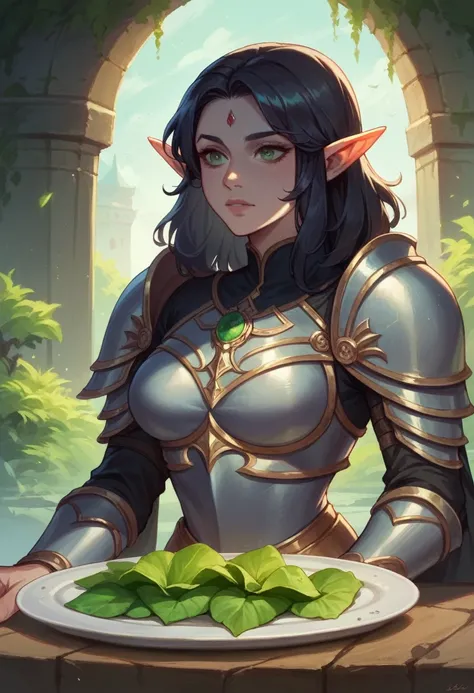 1girl,Ultra Detailed, Beautiful Beauty, Beautiful, Masterpiece, Best Quality, Half-Elf, Epic, Fantasy, Plate Armor, Dungeons and Dragons, Raven Black Hair, Emerald Green Eyes, Smaller Pointed ears.