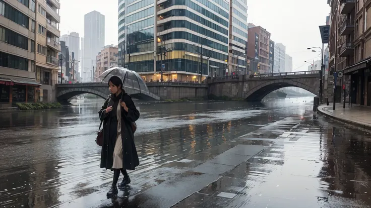 The girl is happily walking by the river in the rain, with a few sparrows watching her