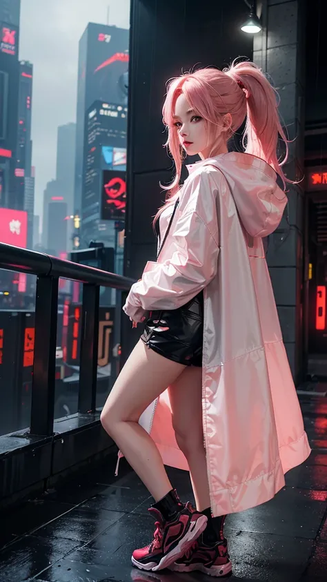 Image colors red and black, composition bending over in a towering city ,cyberpunk, costumes are also cyberpunk, rain  Beautiful woman, 20yo,ultra cute ,large pale red eyes, medium length windswept platinum colored hair with pink hair ends, high nose, peac...