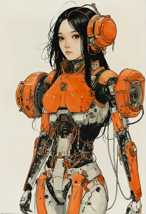 The Style of Kawanabe Kyosai、Female character design wearing an orange cybernetic exoskeleton、Black Hair、Hime cut、Concept Design Sheet、White background